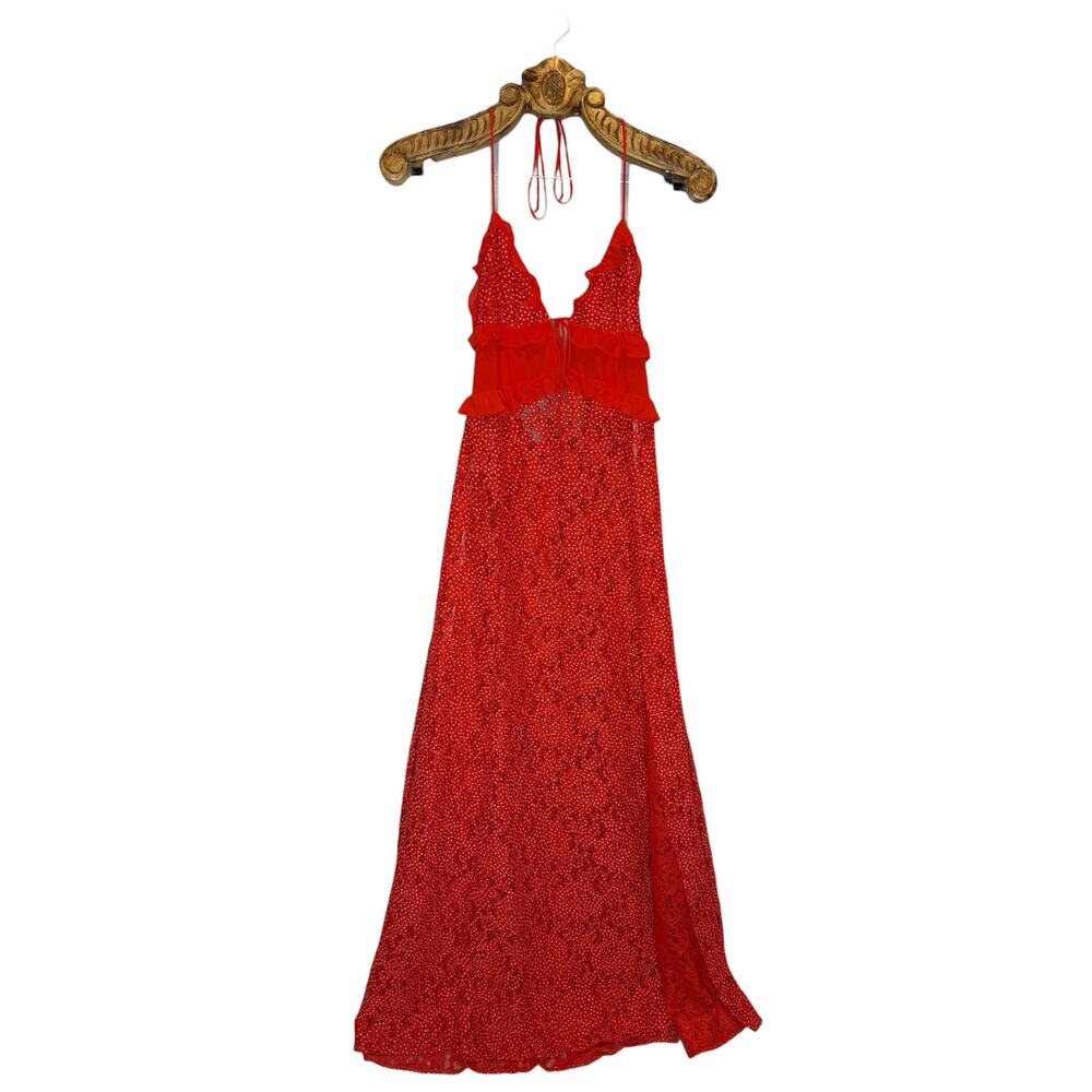 For Love and Lemons Leila Long Midi Dress Red Lace Side Slit Sheer Ruffles M - Picture 8 of 8